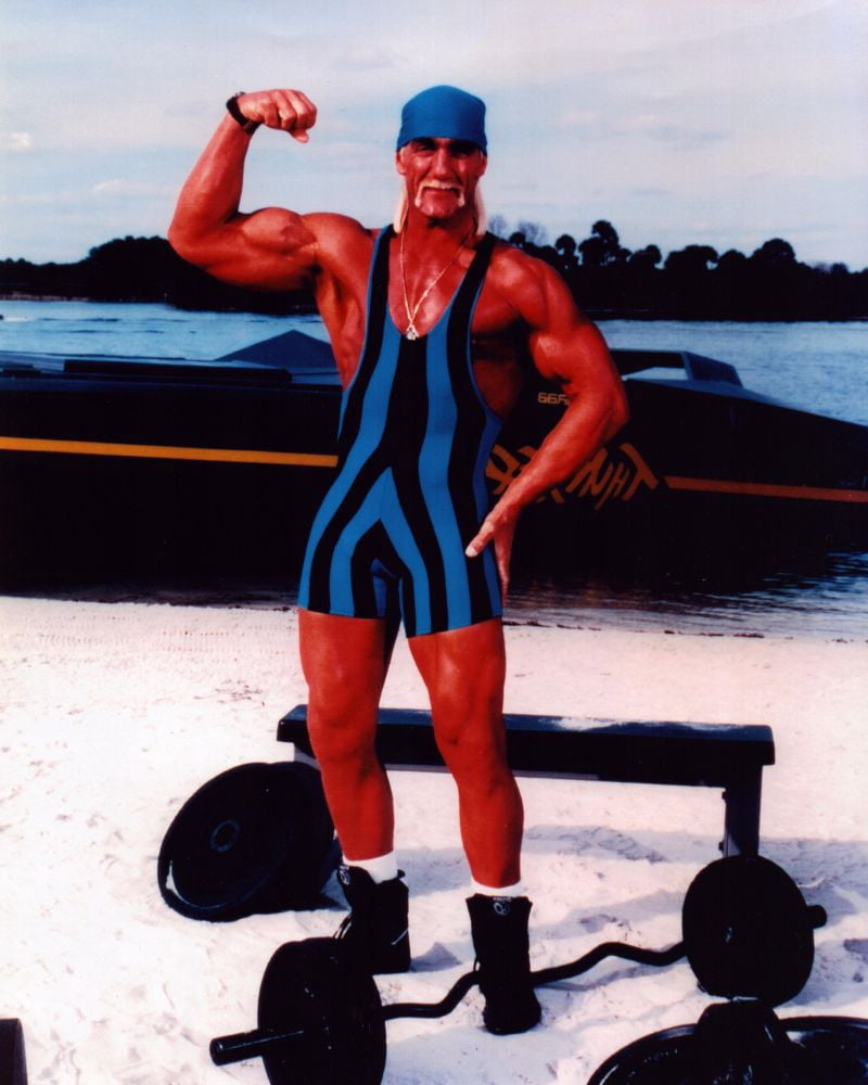 Hulk Hogan beach photo print in blue stripes, perfect for fans and collectors.