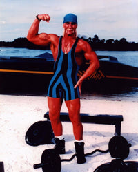 Hulk Hogan beach photo print in blue stripes, perfect for fans and collectors.
