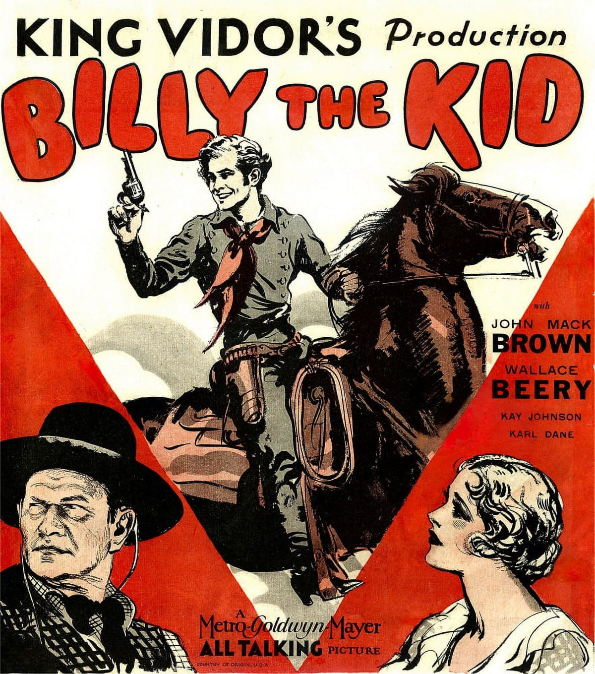 Billy The Kid movie poster featuring Wallace Beery, Johnny Mack Brown, and Kay Johnson, vintage film art
