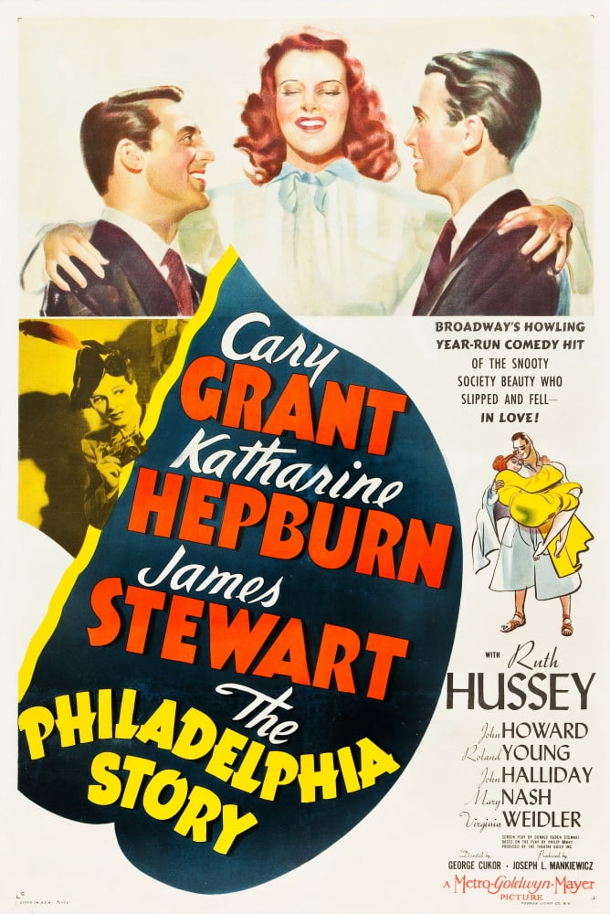 The Philadelphia Story movie poster featuring Cary Grant, Katharine Hepburn, and James Stewart, vintage 1940 film art.
