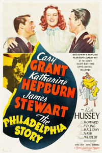 The Philadelphia Story movie poster featuring Cary Grant, Katharine Hepburn, and James Stewart, vintage 1940 film art.