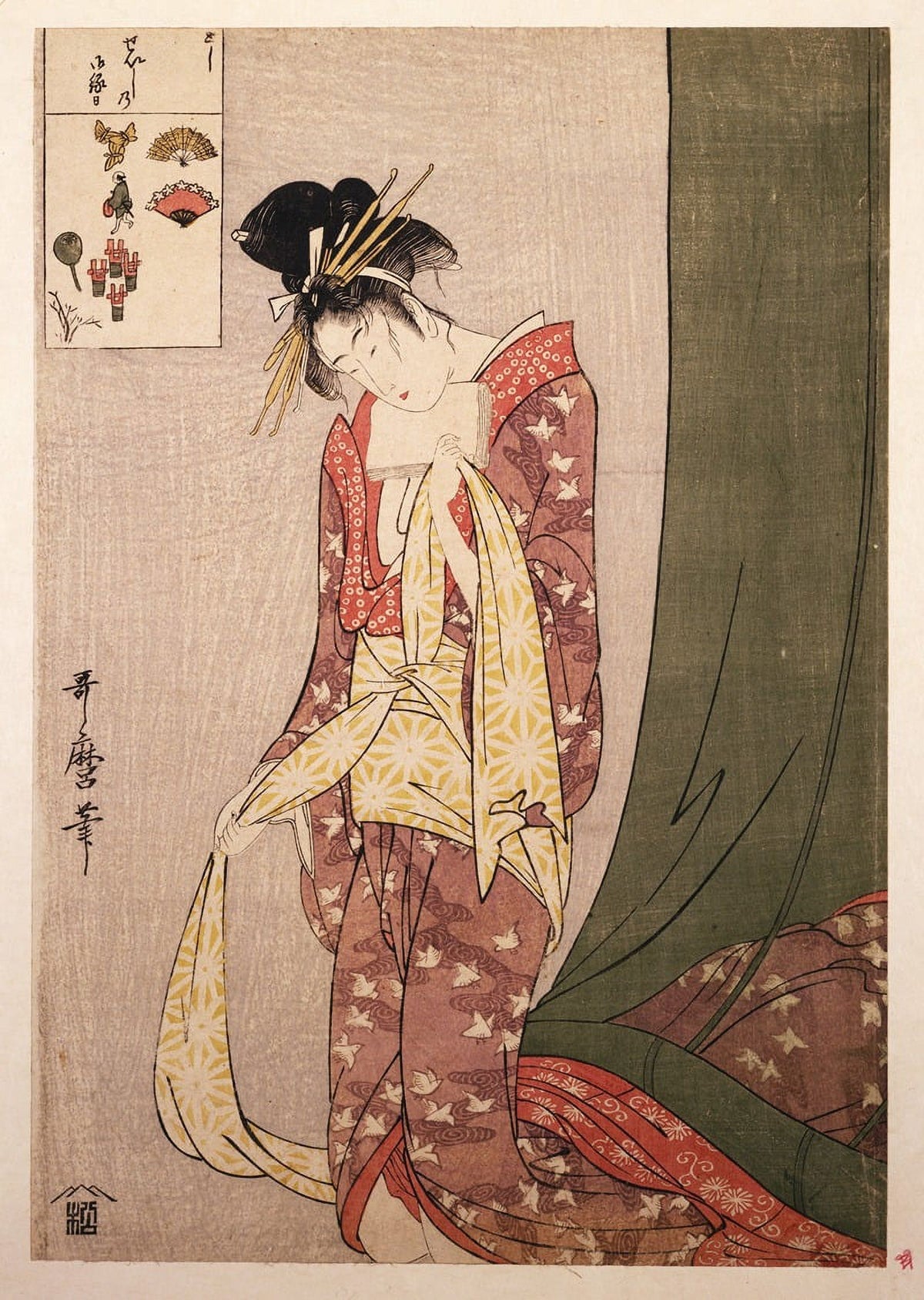 Hana-gi (Picture Riddle) poster print by Kitagawa Utamaro, showcasing intricate Japanese art.