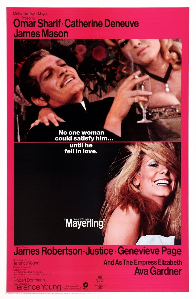 Mayerling Movie Poster featuring Omar Sharif and Catherine Deneuve, 1968 classic film art.