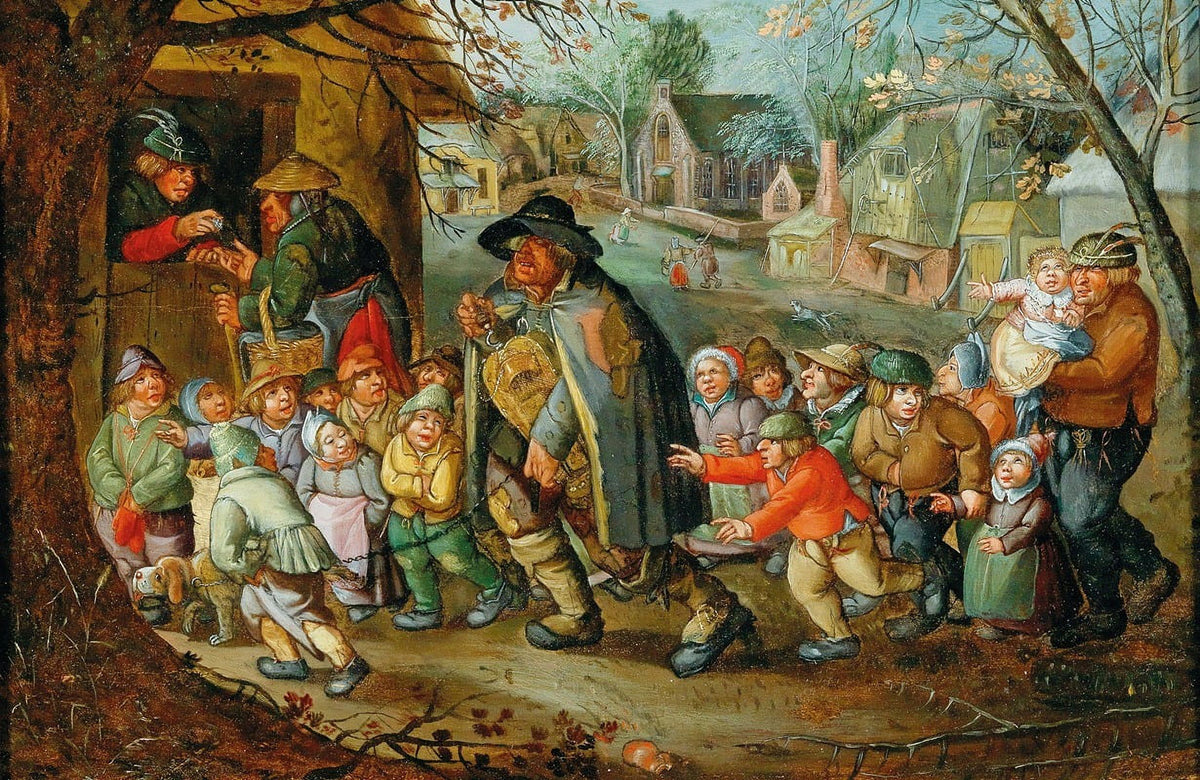 The Hurdy-Gurdy Player Art Print showcasing a musician playing the hurdy-gurdy.
