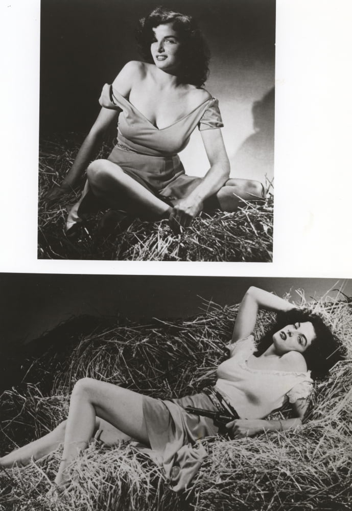 Jane Russell classic Hollywood photo print on hay bale.