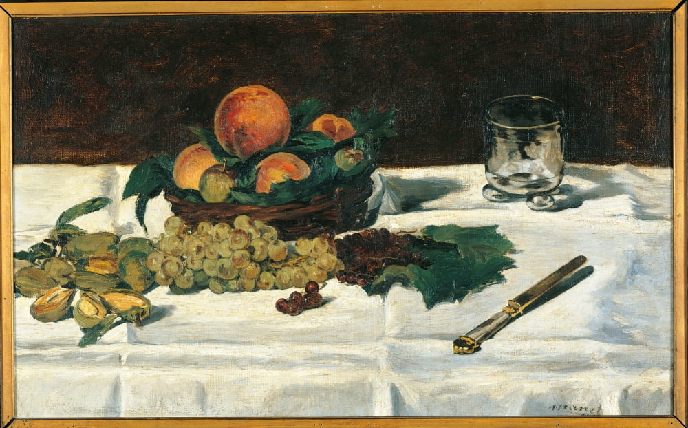 Still Life Fruit on a Table Poster Print showcasing vibrant colors and intricate details.