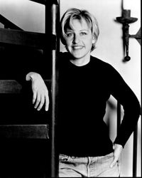 Ellen Degeneres leaning on stairs black and white photo print.