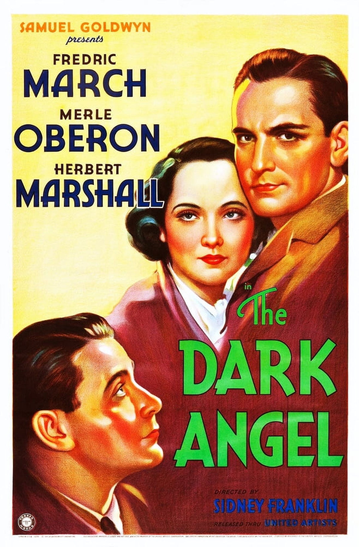 The Dark Angel Movie Masterprint Poster featuring Herbert Marshall, Merle Oberon, and Fredric March