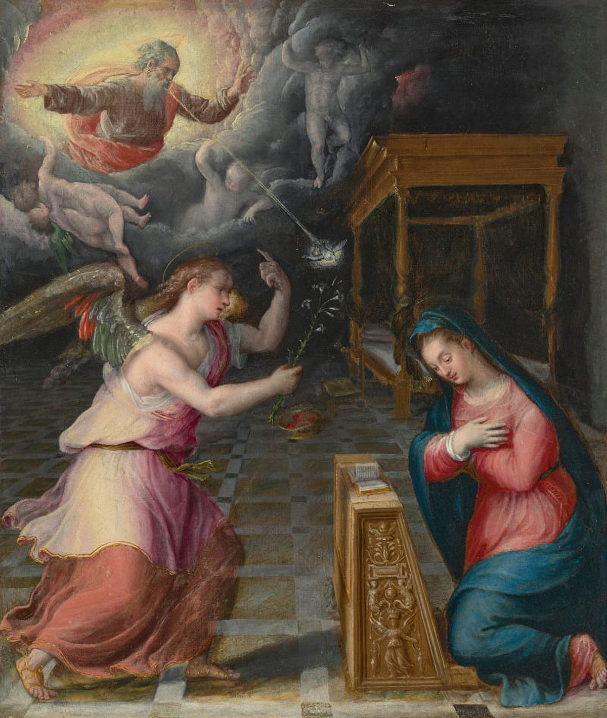 The Annunciation art print by Lavinia Fontana, showcasing divine revelation.