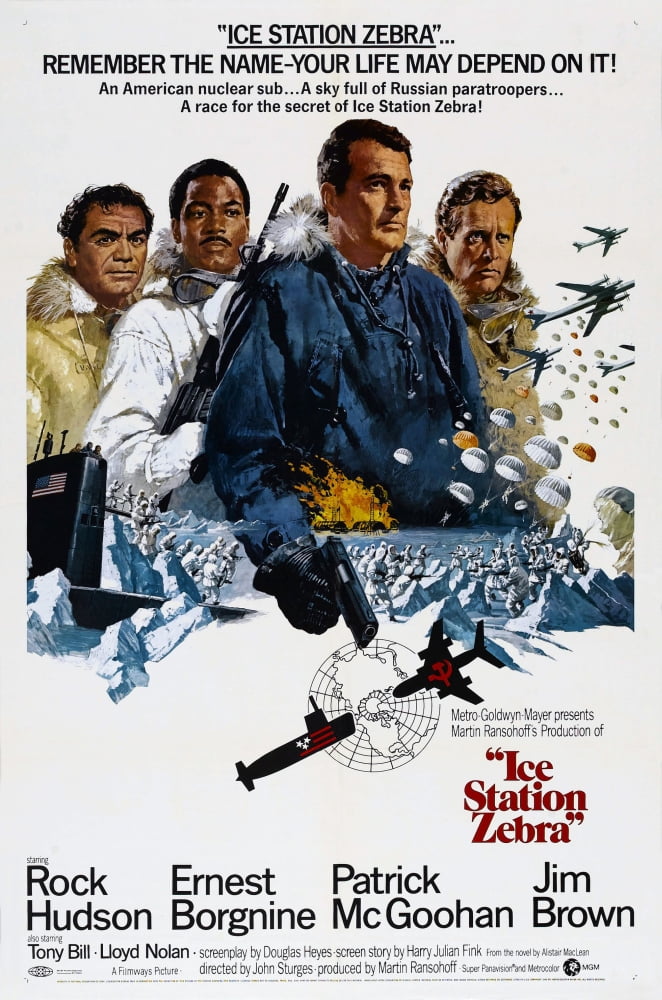 Ice Station Zebra movie poster featuring Ernest Borgnine, Jim Brown, Rock Hudson, and Patrick McGoohan.