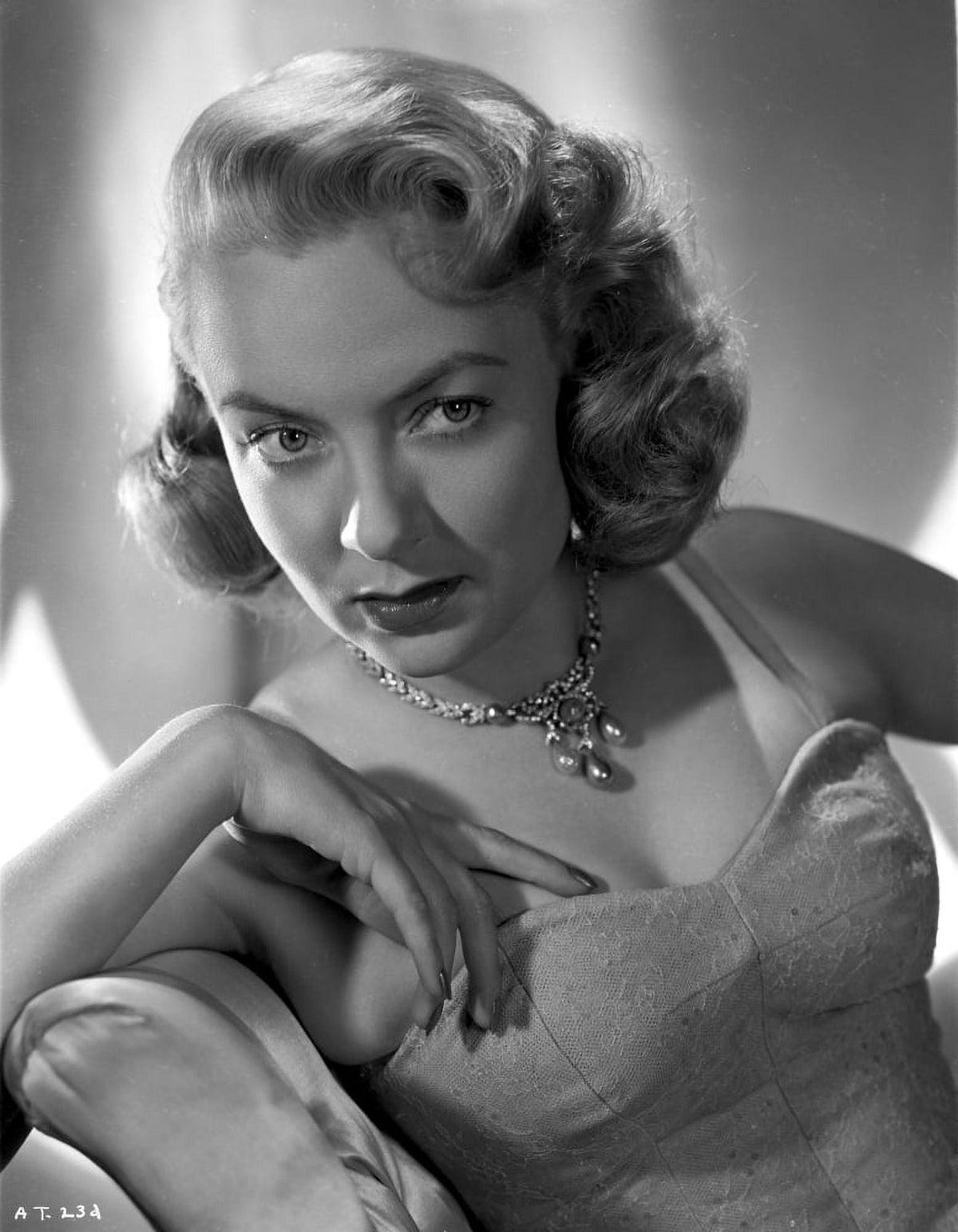 Audrey Totter elegant portrait photo print in white gown with silver necklace