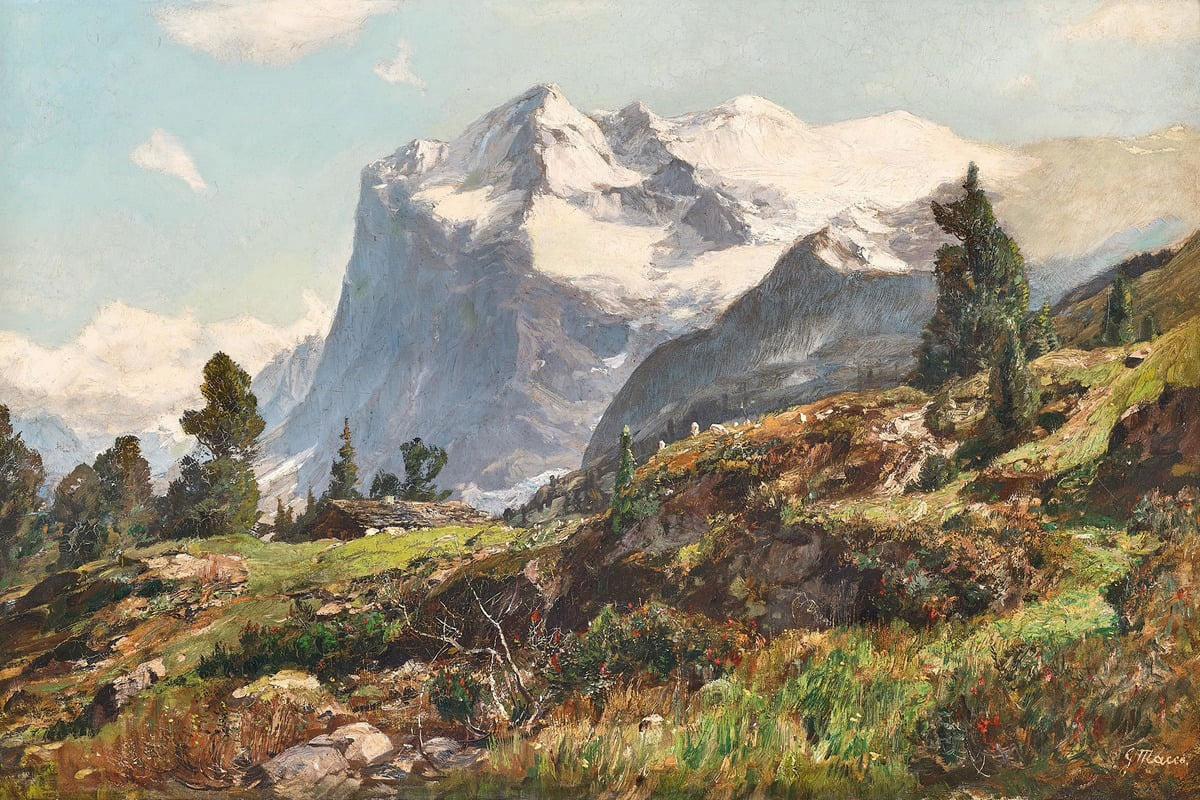 Wetterhorn Mountain Poster Print by Georg Macco showcasing Swiss Alps beauty.