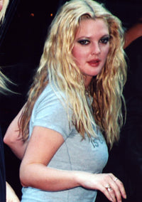 Drew Barrymore looking over shoulder photo print in gray t-shirt