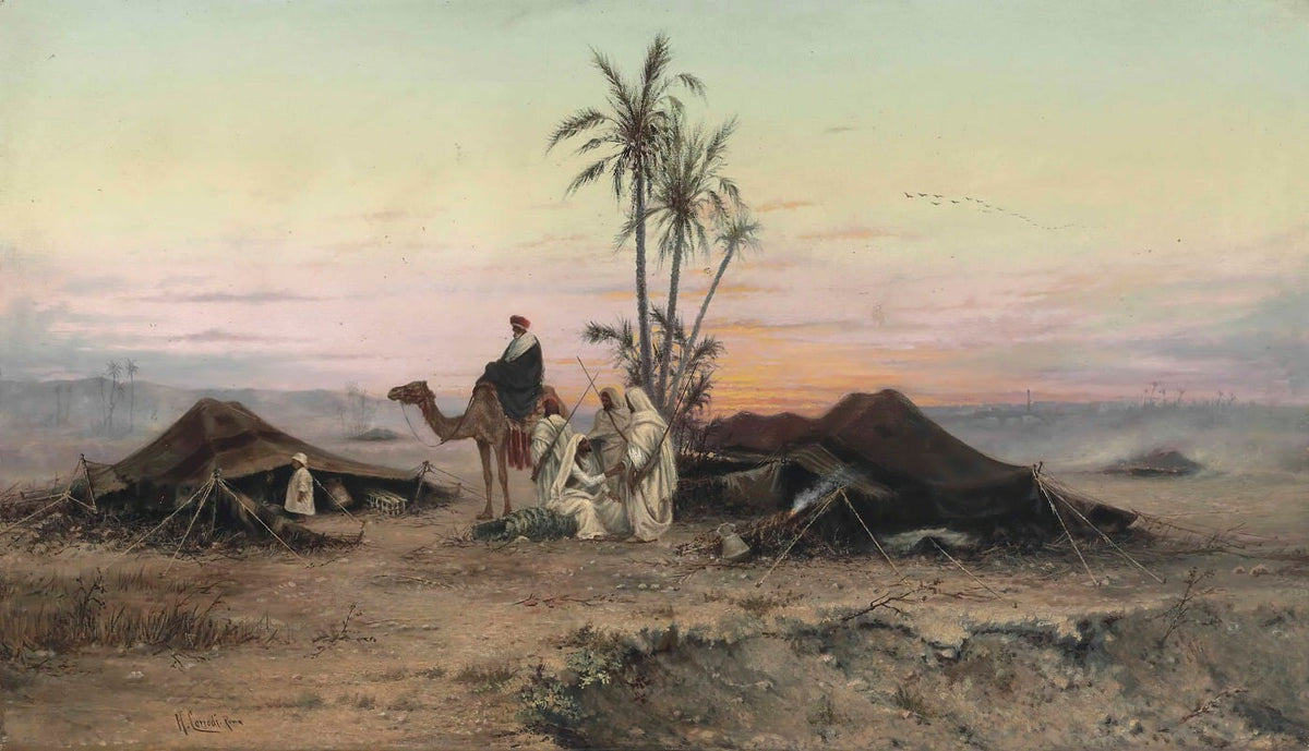 A Bedouin Camp At Dusk Poster Print by Hermann David Salomon Corrodi showcasing serene desert landscape.