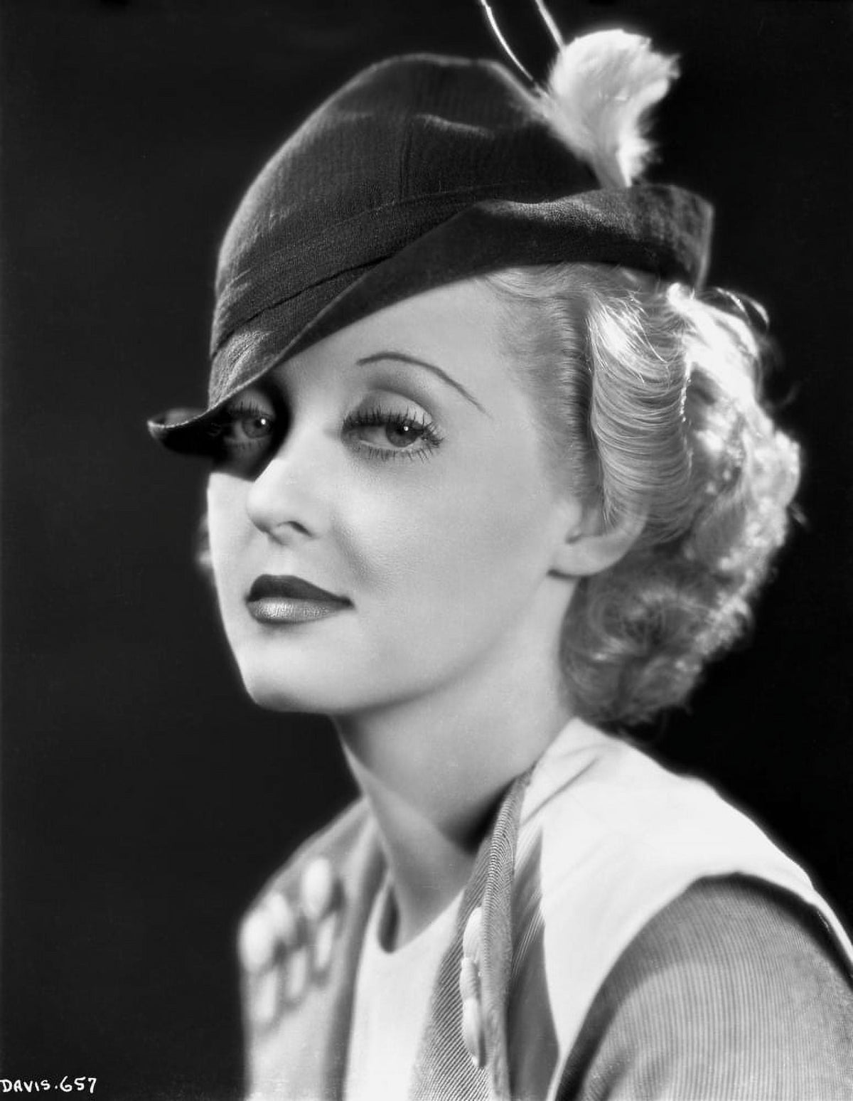 Bette Davis classic portrait in black wool hat and white vest shirt photo print