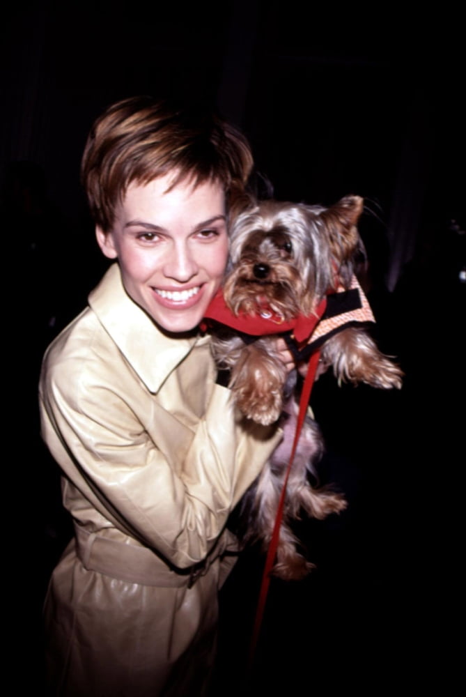 Hilary Swank in Calvin Klein coat at the Paws for Style pet fashion show print.