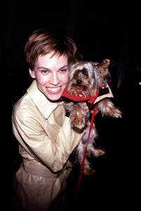 Hilary Swank in Calvin Klein coat at the Paws for Style pet fashion show print.