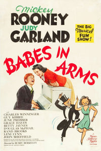 Babes in Arms movie poster featuring Mickey Rooney and Judy Garland, vibrant classic film art.