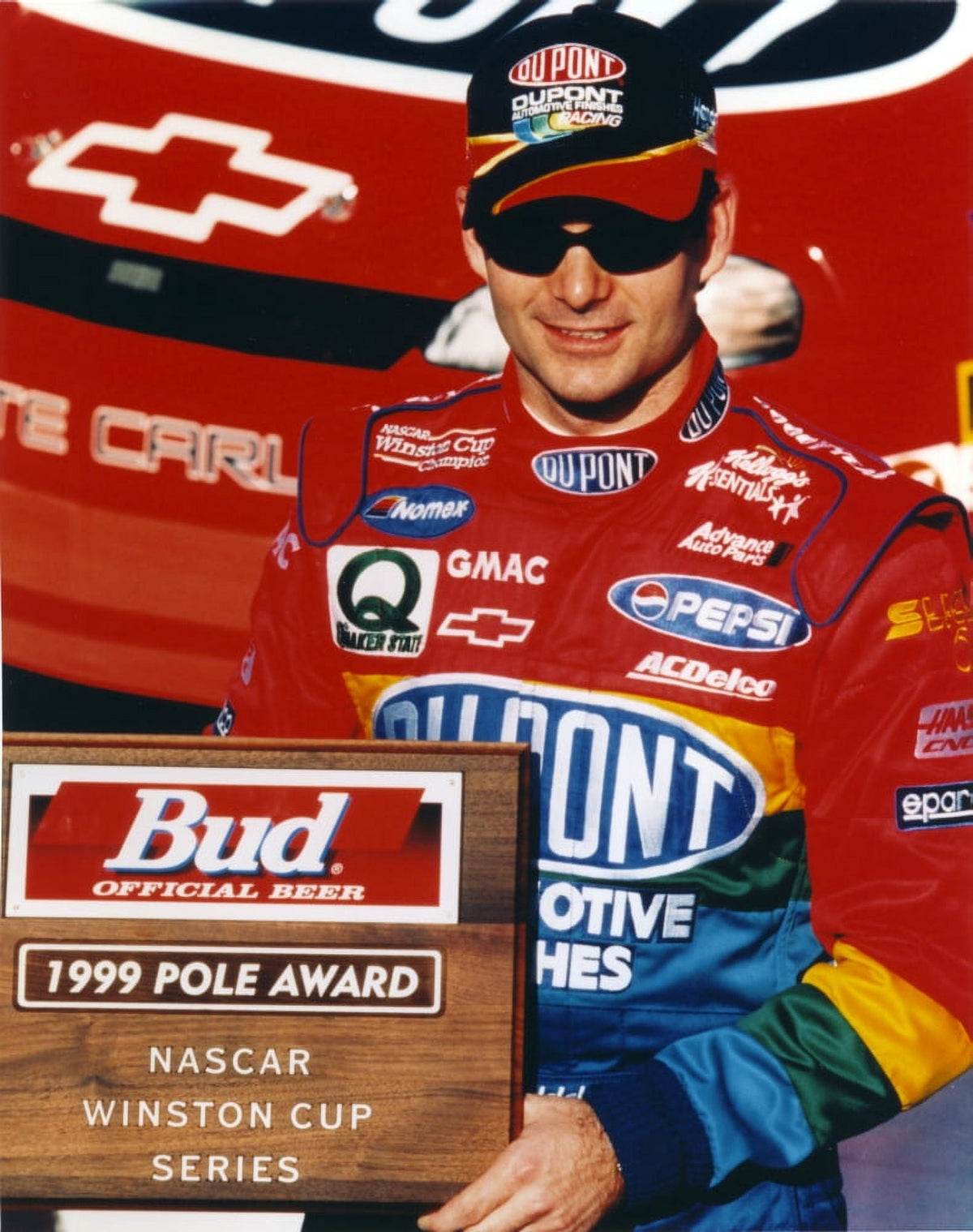 Jeff Gordon posed in black cap and red overalls photo print