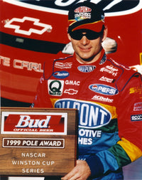 Jeff Gordon posed in black cap and red overalls photo print