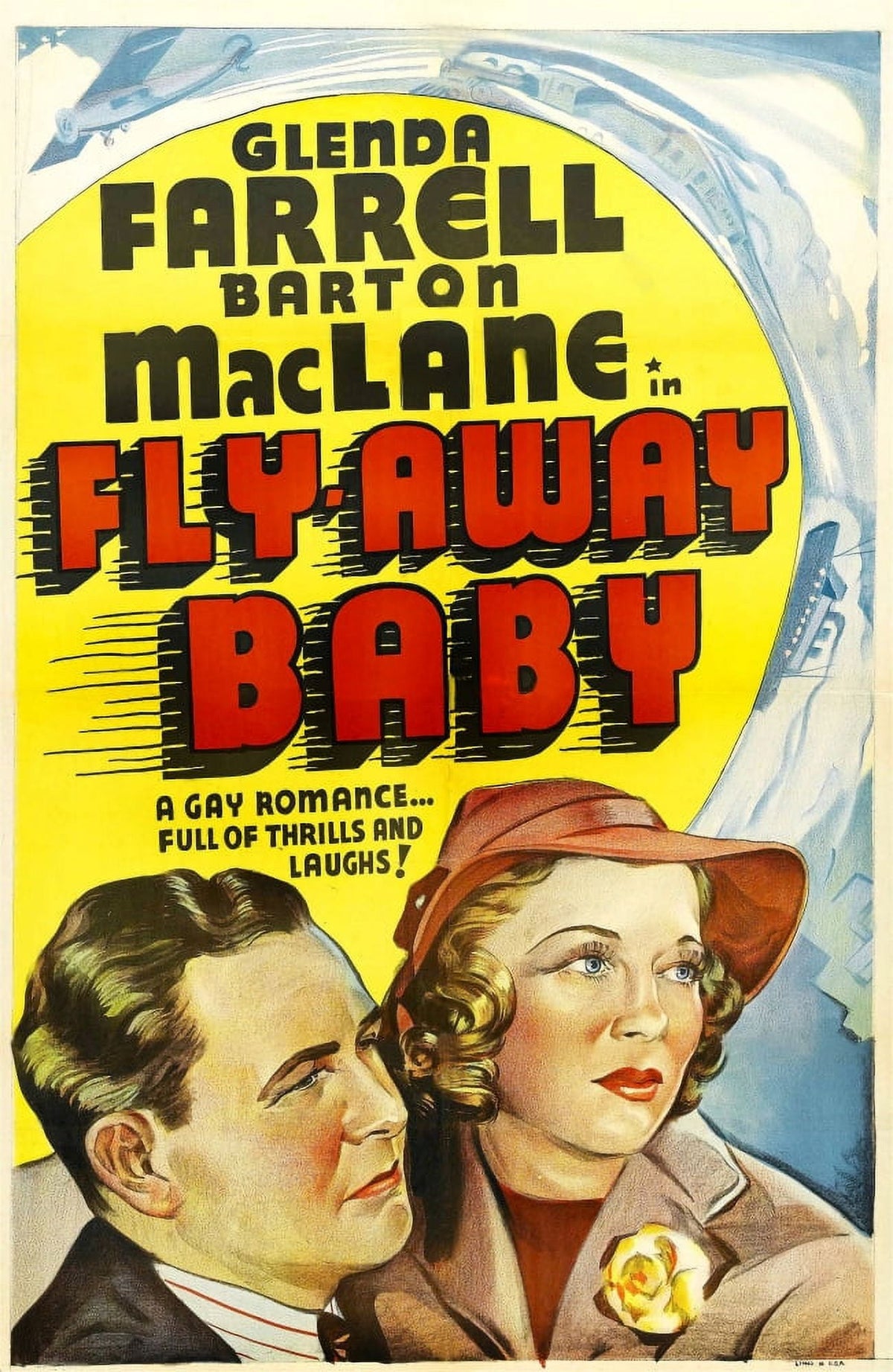 Fly-Away Baby movie poster masterprint featuring Barton MacLane and Glenda Farrell from the 1937 film.