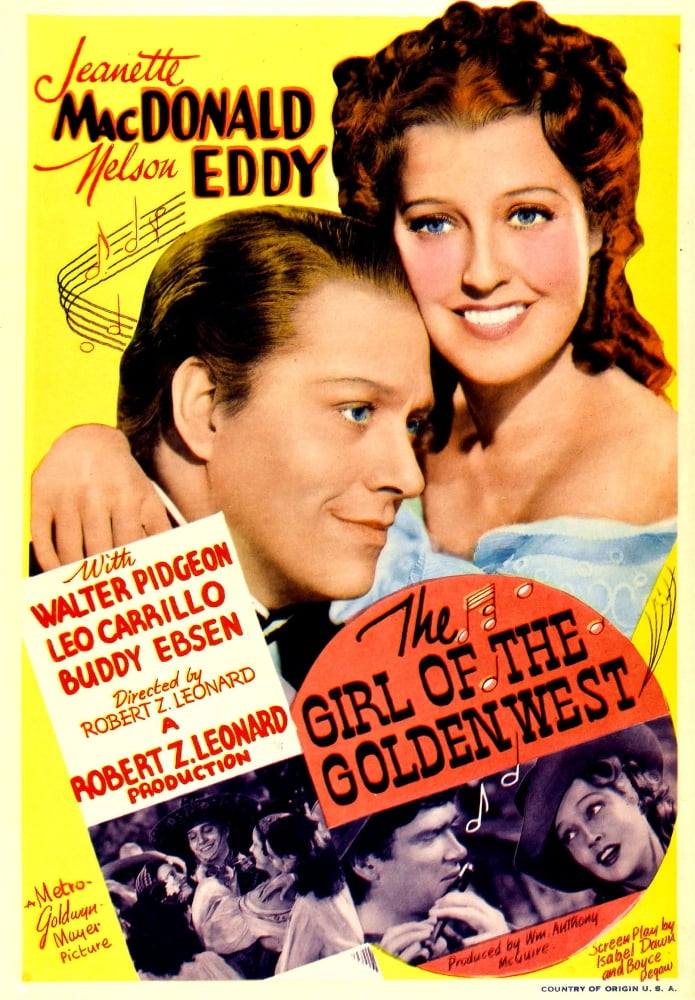 The Girl of The Golden West movie poster print featuring Nelson Eddy and Jeanette MacDonald.