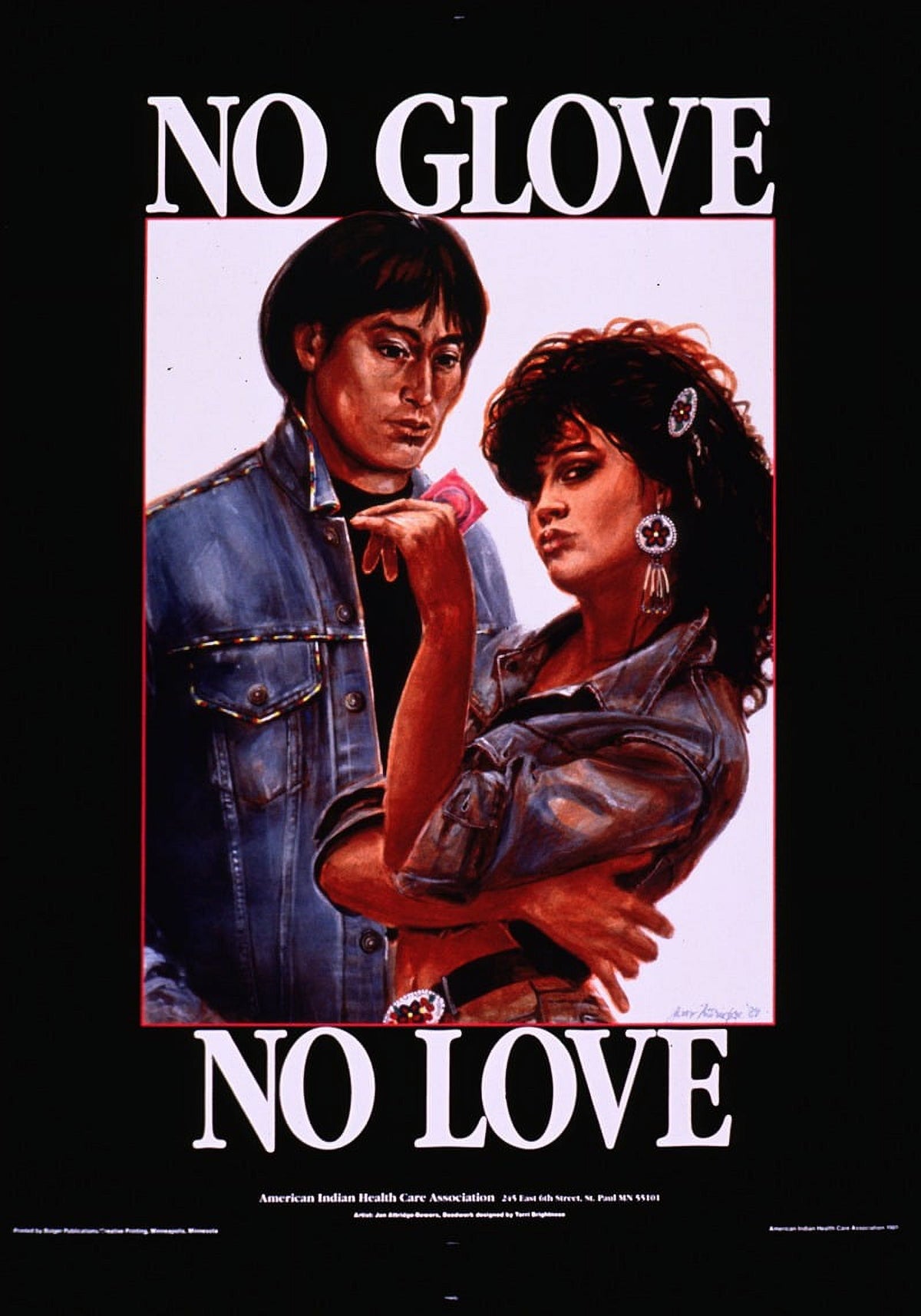 No Glove No Love poster print by American Indian Health Care Association, vibrant health message.