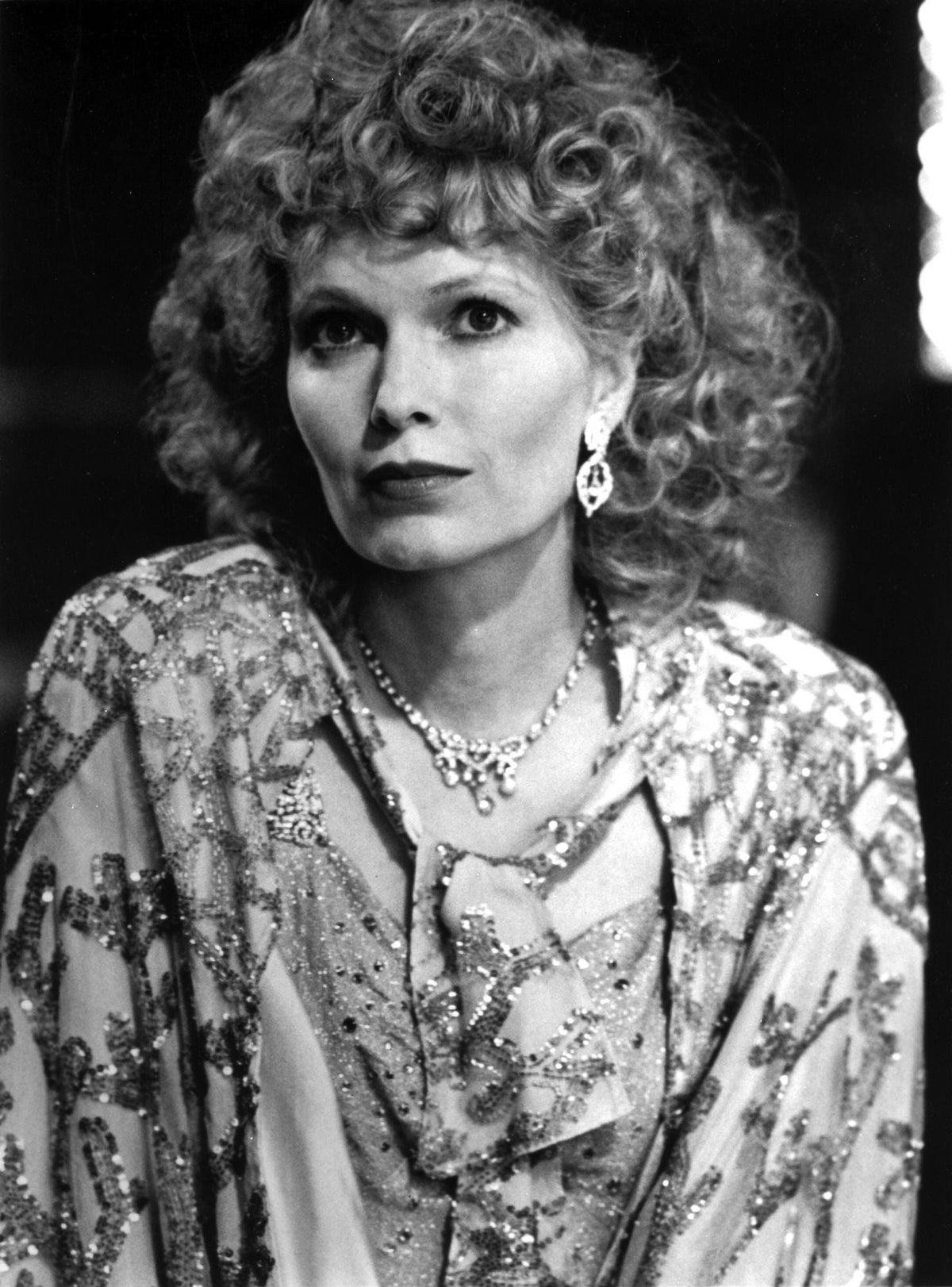 Mia Farrow portrait wearing floral dress and necklace photo print
