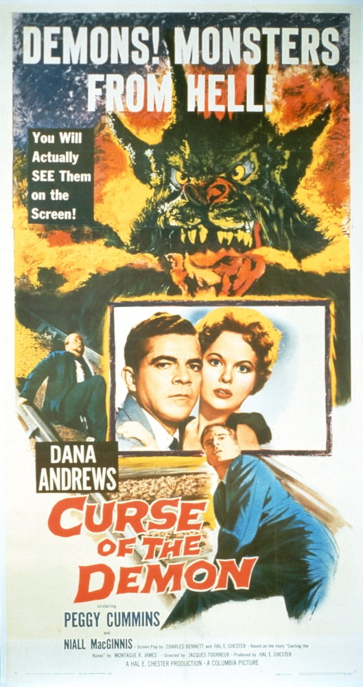 Night of the Demon movie poster featuring Dana Andrews and Peggy Cummins, classic horror film art.