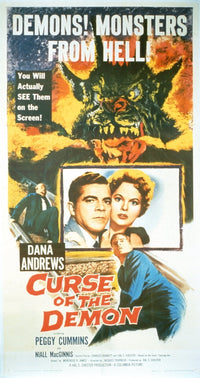 Night of the Demon movie poster featuring Dana Andrews and Peggy Cummins, classic horror film art.
