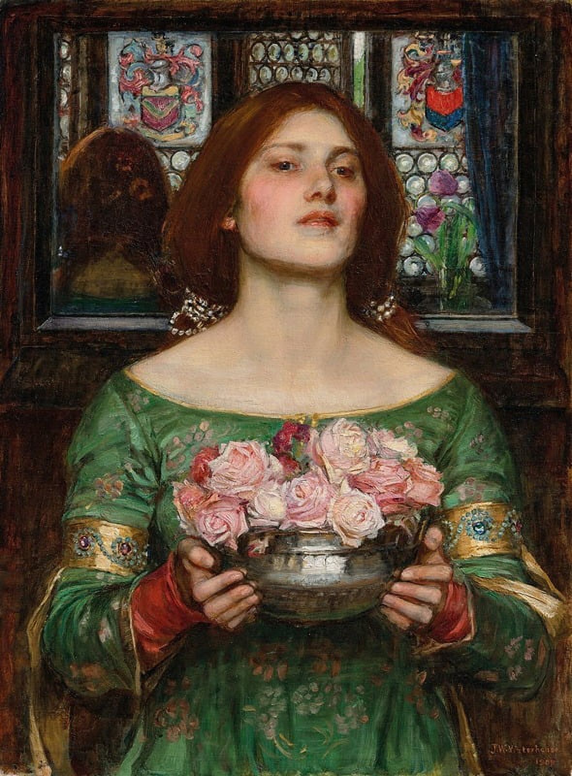 Gather Ye Rosebuds While Ye May art print by John William Waterhouse showing romantic floral theme.