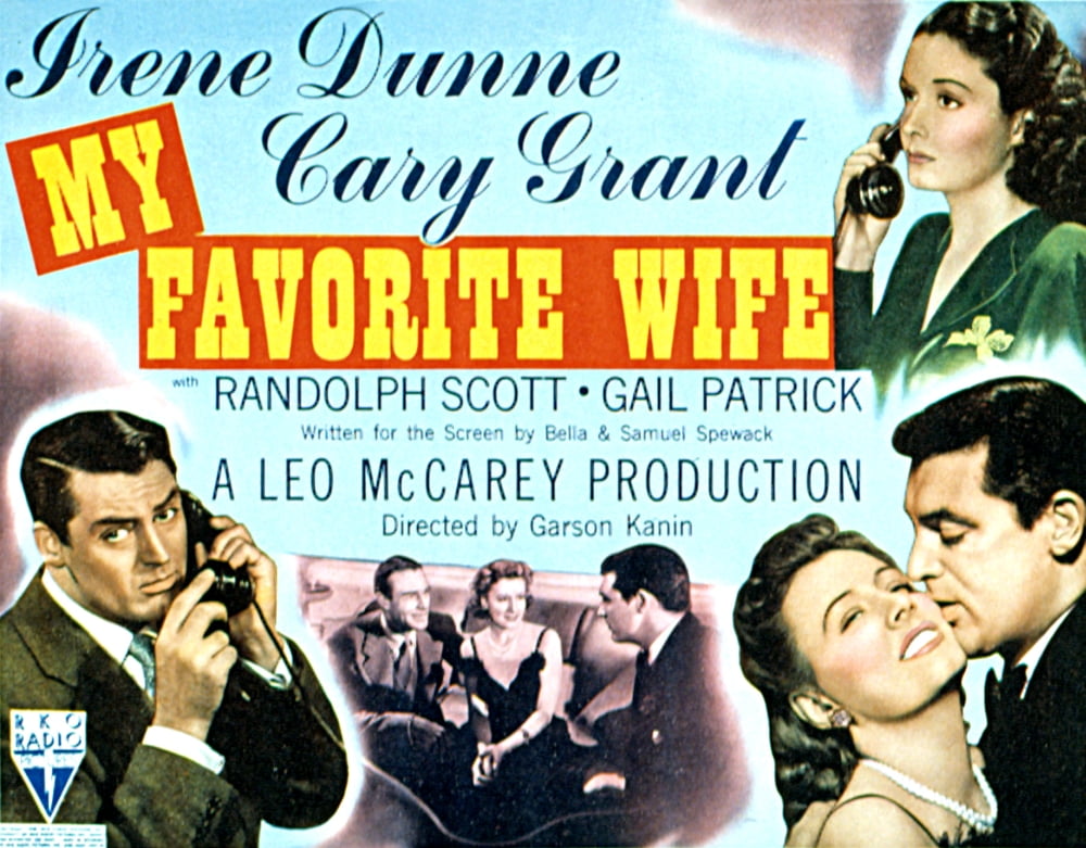 My Favorite Wife movie poster featuring Cary Grant, Irene Dunne, and Randolph Scott.