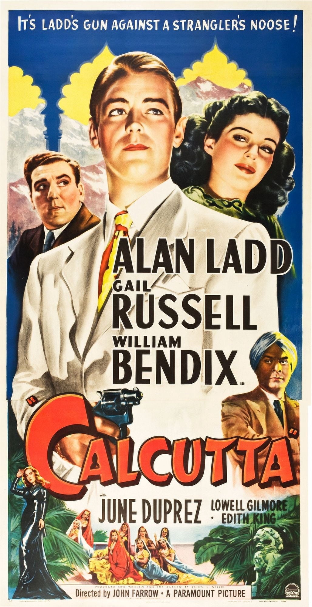 Calcutta movie poster featuring William Bendix, Alan Ladd, and Gail Russell, classic cinema art print.