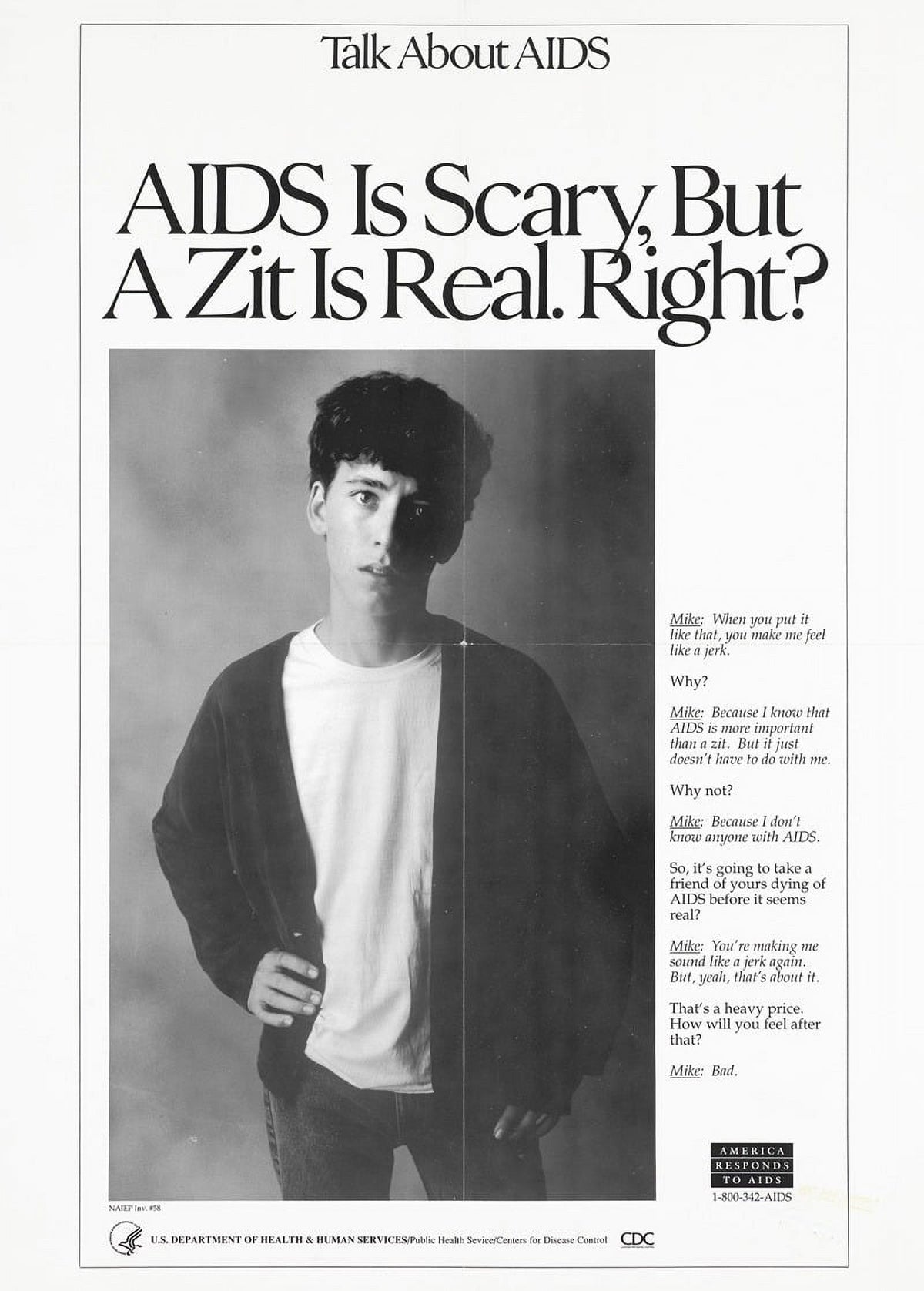 AIDS Awareness Poster Print featuring the message 'AIDS is scary but a zit is real' by CDC.