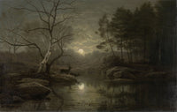 Autumn Night Scene with Deer at Stream Art Print by Georg Eduard Otto Saal
