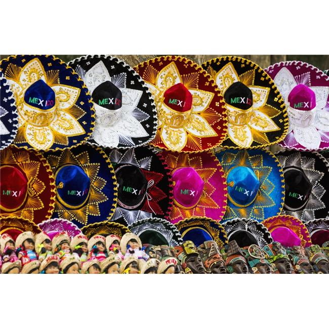 Vibrant poster print of Mexican sombreros, dolls, and Mayan masks at Chichen Itza