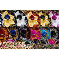 Vibrant poster print of Mexican sombreros, dolls, and Mayan masks at Chichen Itza