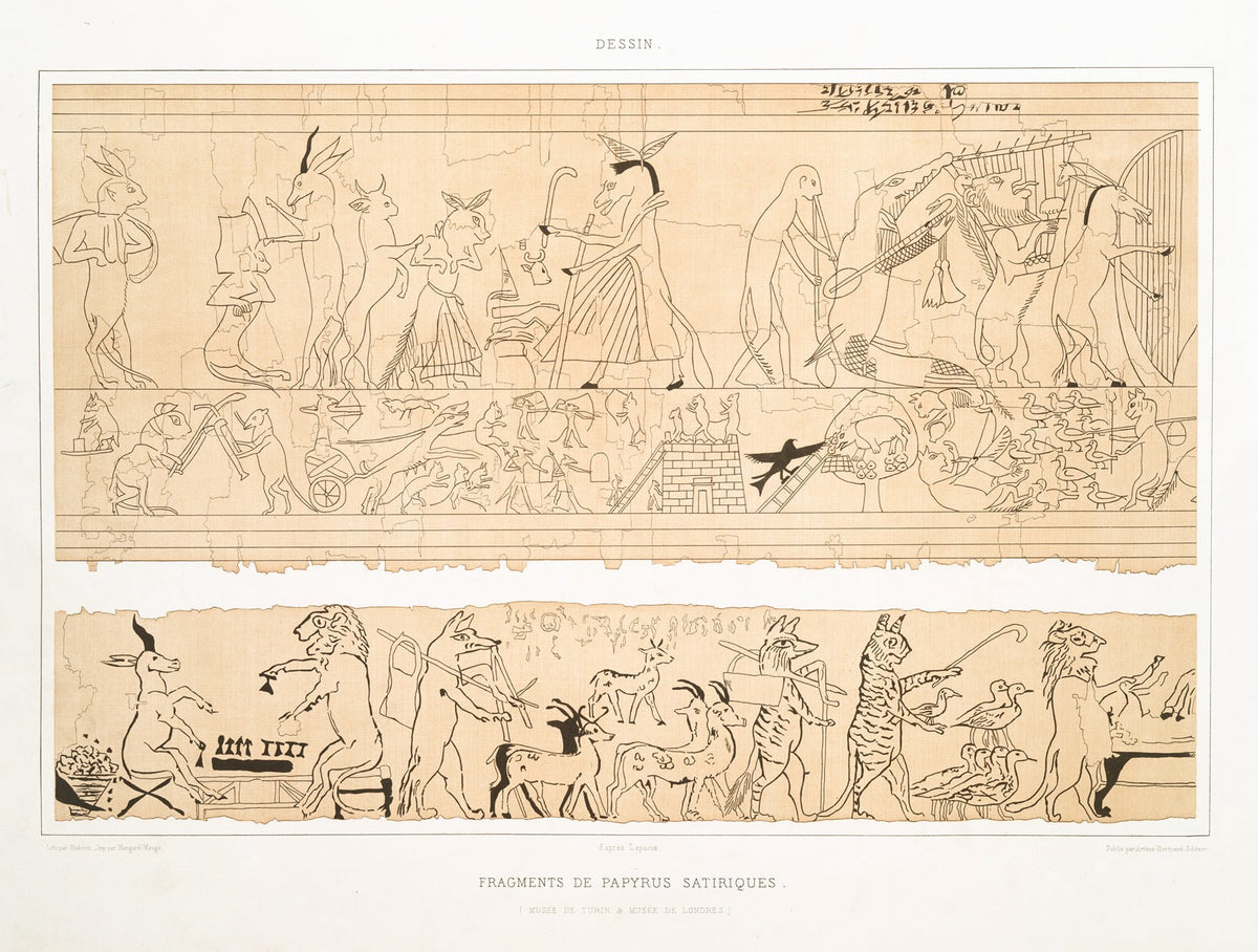 Dessin: Fragments de Papyrus Satiriques poster print by Émile Prisse d'Avennes, showcasing ancient art themes.