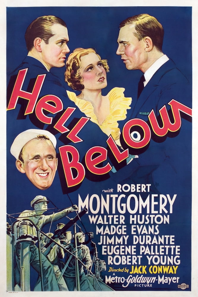 Hell Below movie poster featuring Robert Montgomery, Madge Evans, Walter Huston, and Jimmy Durante, 1933