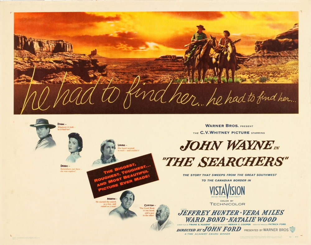The Searchers movie masterprint poster featuring John Wayne, Natalie Wood, and classic film elements.