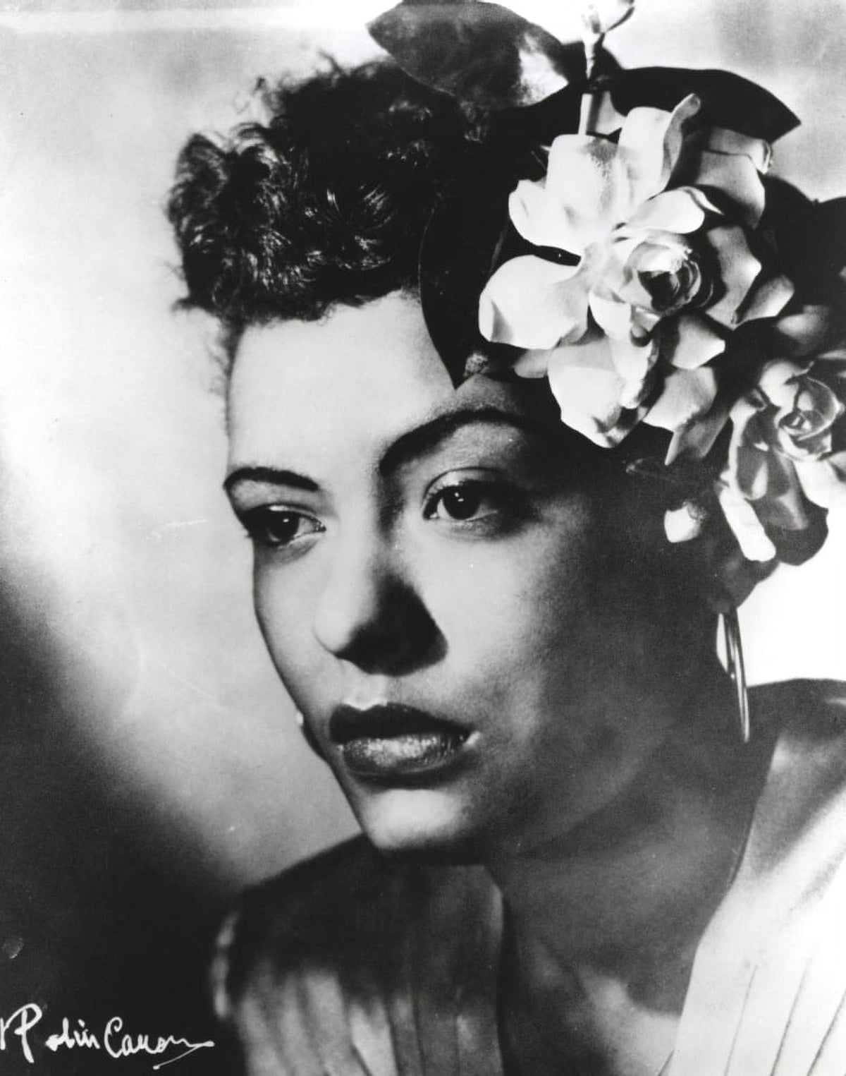 Billie Holiday close-up portrait photo print with floral accessories