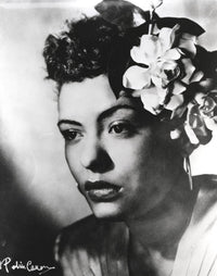 Billie Holiday close-up portrait photo print with floral accessories