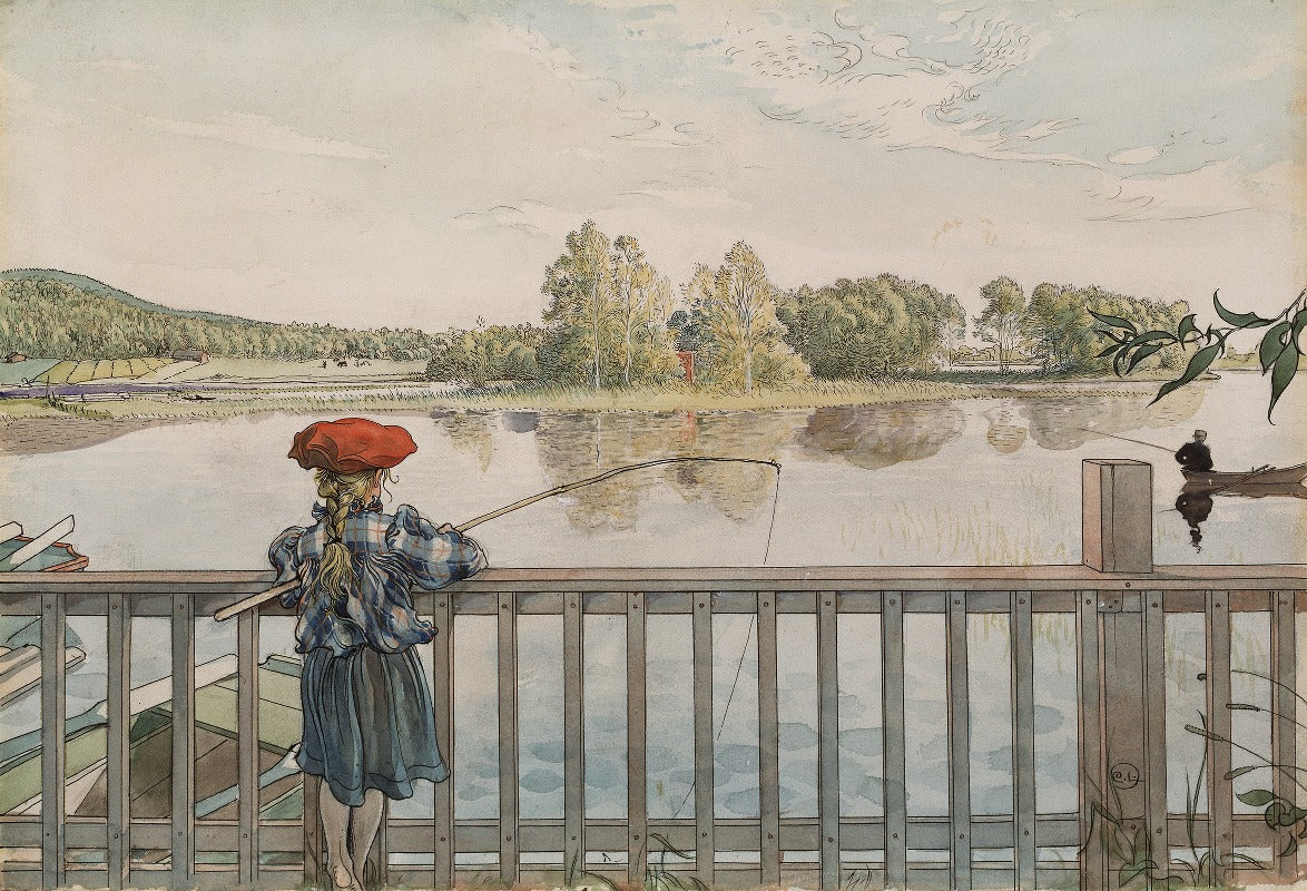Lisbeth Angling Art Print by Carl Larsson - Beautiful depiction of leisure in nature.