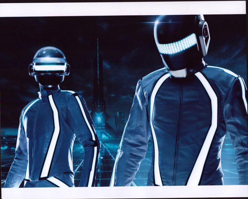 Daft Punk Glowing Helmets Photo Print showcasing iconic illuminated helmets.