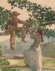On The Fence art print by Winslow Homer showing a boy on a tree limb and a girl at a wooden fence.