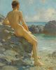 The Bather (1924) art print by Henry Scott Tuke, showcasing tranquility and elegance.