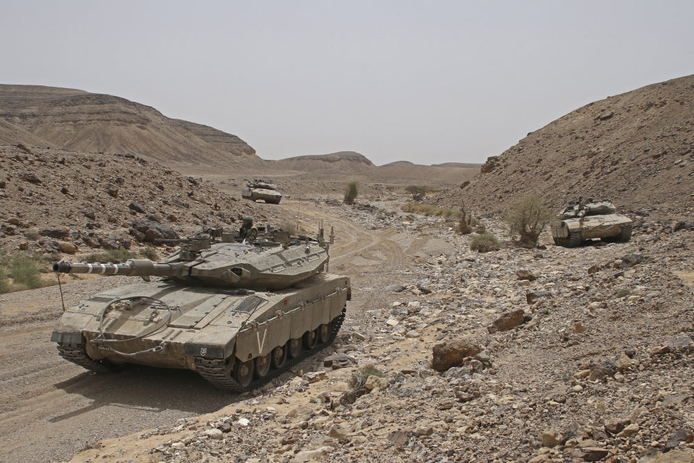 Merkava III main battle tanks in Negev Desert poster print.