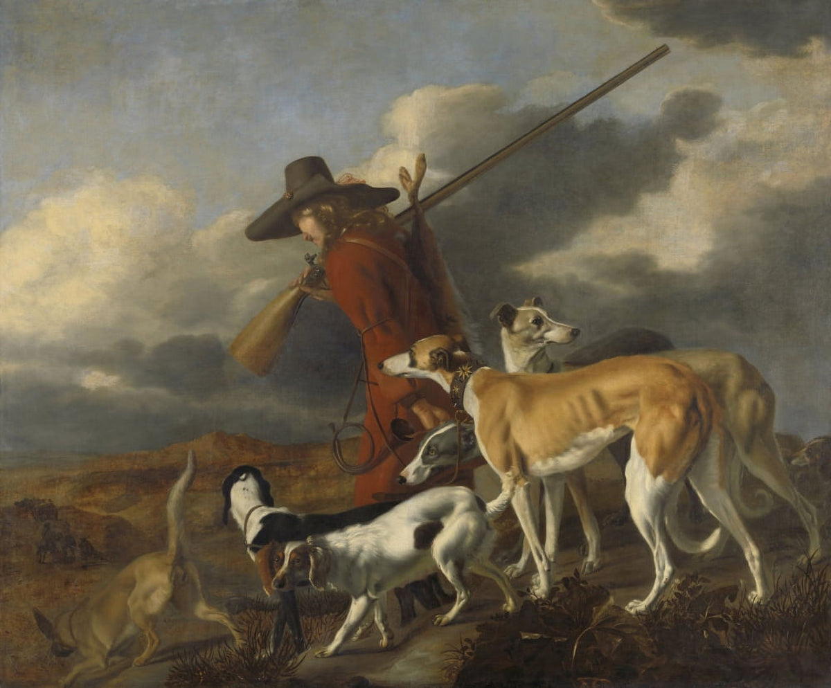 The Hunter oil painting print by Adriaen Beeldemaker, featuring a returning hunter with dogs and a hare.