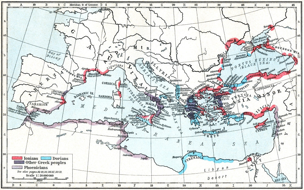 Map of Greek and Phoenician Settlements in the Mediterranean C.550 B.C. Fine Art Print by Ken Welsh