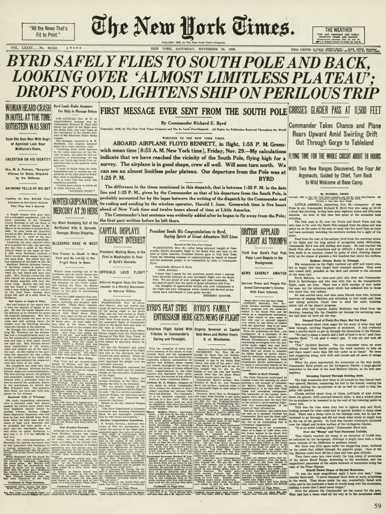 Historic 1929 New York Times Front Page Poster Print Featuring Byrd's South Pole Flight